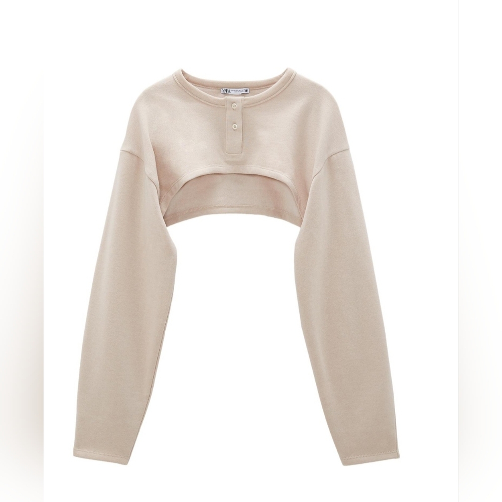 Zara Cropped Shrug Style Pullover Top in Tan/ Arm Warmers